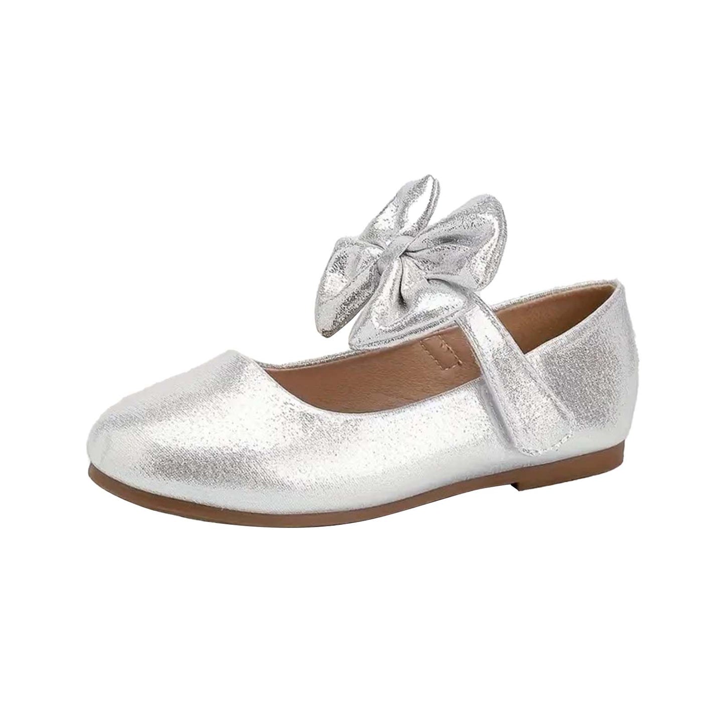 Girls Mary Jane Shoes – Silver Patent Leather Dress Flats with Large Bow, Elegant Princess Shoes for Party, Wedding, Performance