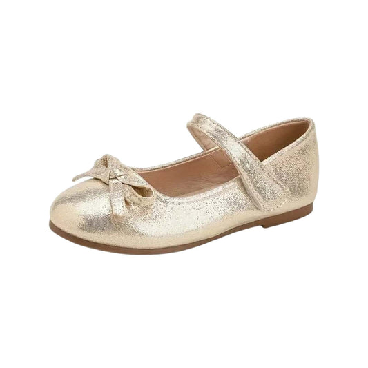 Girls Mary Jane Shoes – Gold Shiny Dress Shoes with Bowknot, Classic Strap Princess Flats for Party, Wedding, Holiday, Performance