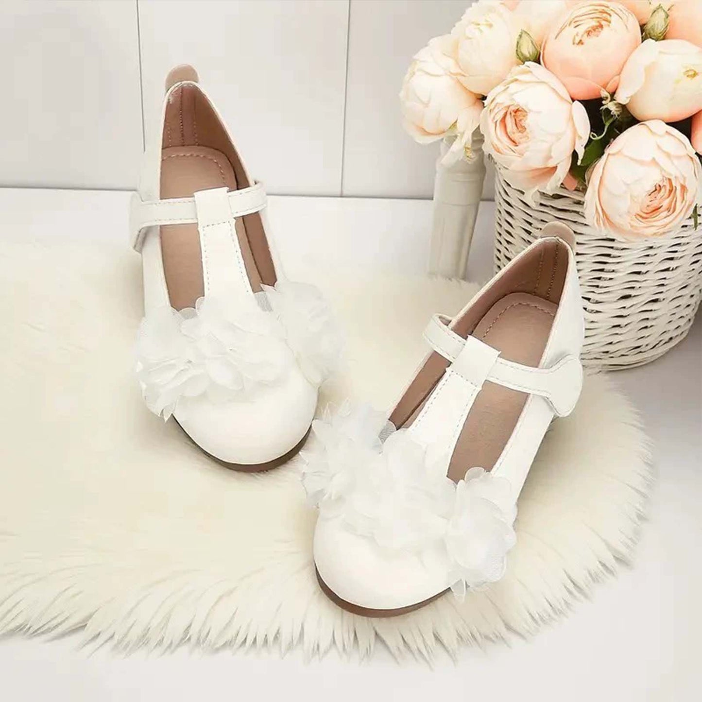 Girls Mary Jane Shoes – White Leather T-Strap Flats with Mesh Flower Decoration, Cute Princess Dress Shoes for Party, School, Daily Wear