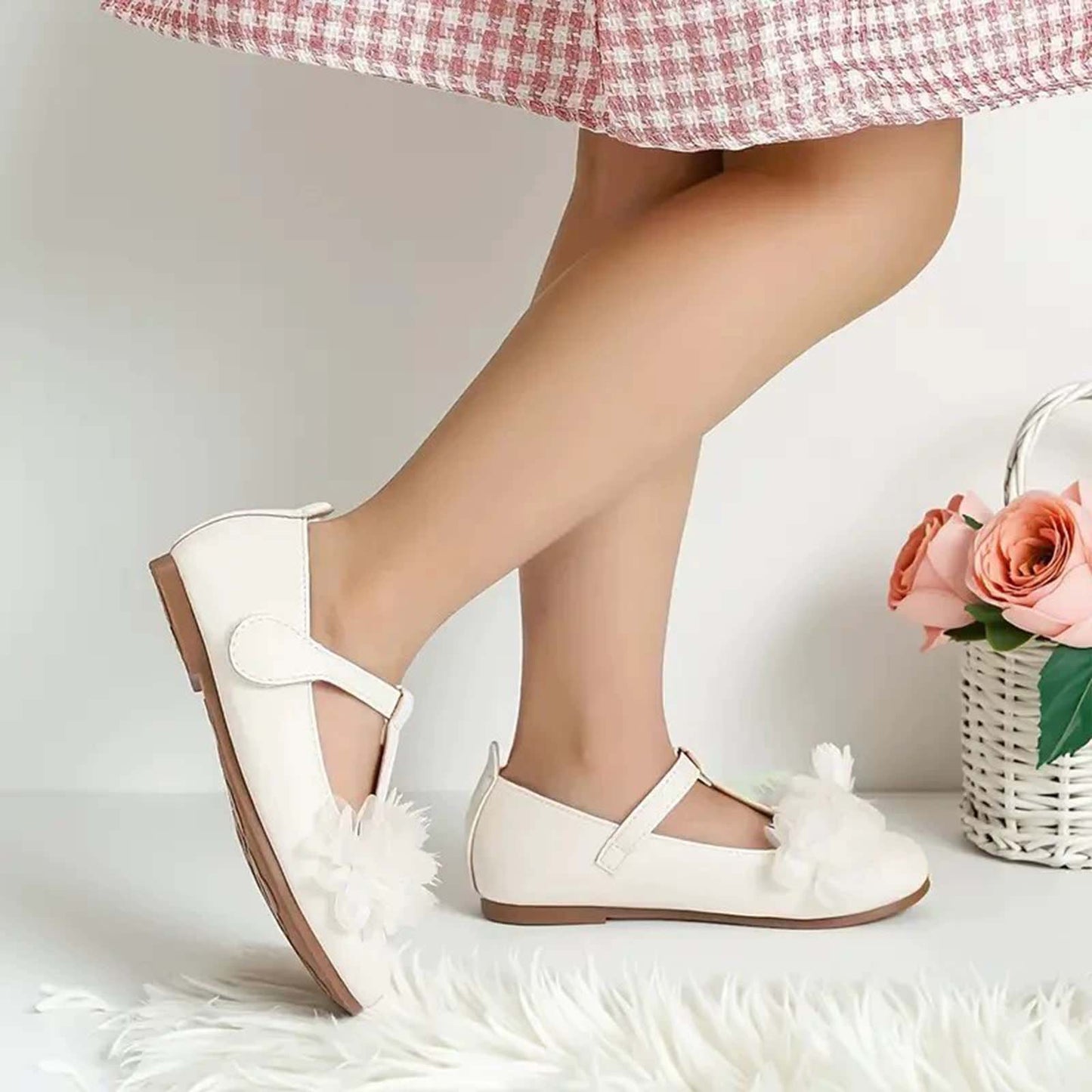 Girls Mary Jane Shoes – White Leather T-Strap Flats with Mesh Flower Decoration, Cute Princess Dress Shoes for Party, School, Daily Wear