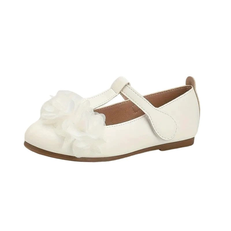 Girls Mary Jane Shoes – White Leather T-Strap Flats with Mesh Flower Decoration, Cute Princess Dress Shoes for Party, School, Daily Wear