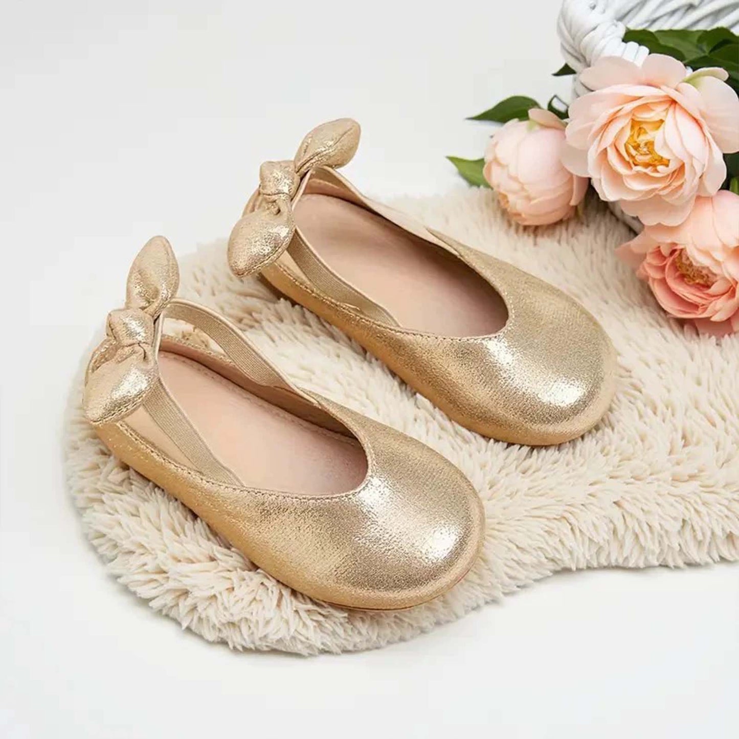Girls Mary Jane Party Shoes – Gold Sparkly Dress Flats with Crisscross Bow Strap, Cute Princess Shoes for Toddler & Little Kids