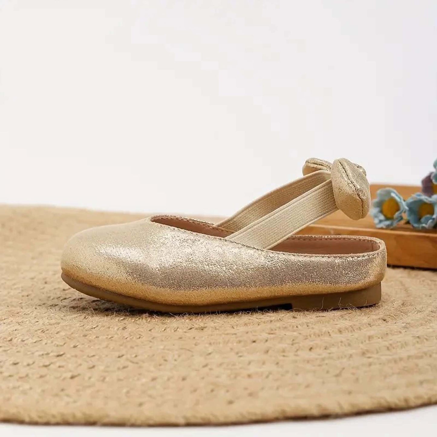 Girls Mary Jane Party Shoes – Gold Sparkly Dress Flats with Crisscross Bow Strap, Cute Princess Shoes for Toddler & Little Kids