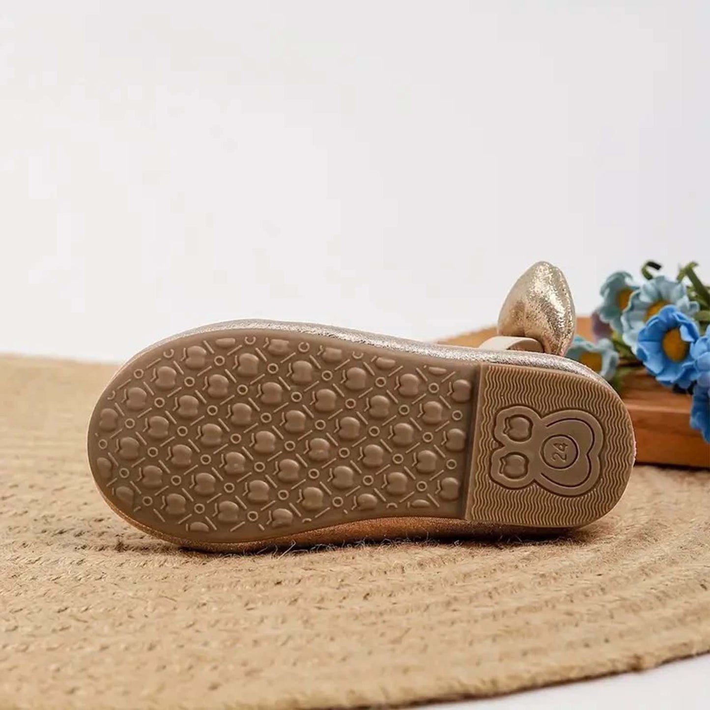 Girls Mary Jane Party Shoes – Gold Sparkly Dress Flats with Crisscross Bow Strap, Cute Princess Shoes for Toddler & Little Kids