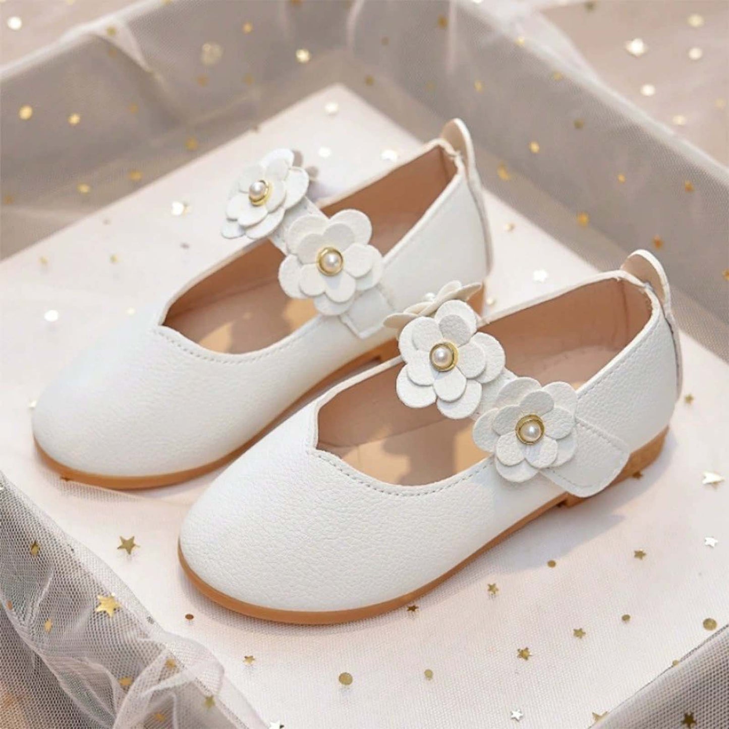 Girls Mary Jane Dress Shoes White Leather Flats with Pearl Flower Strap – Toddler/Little Kids Party Wedding Birthday Princess Shoes