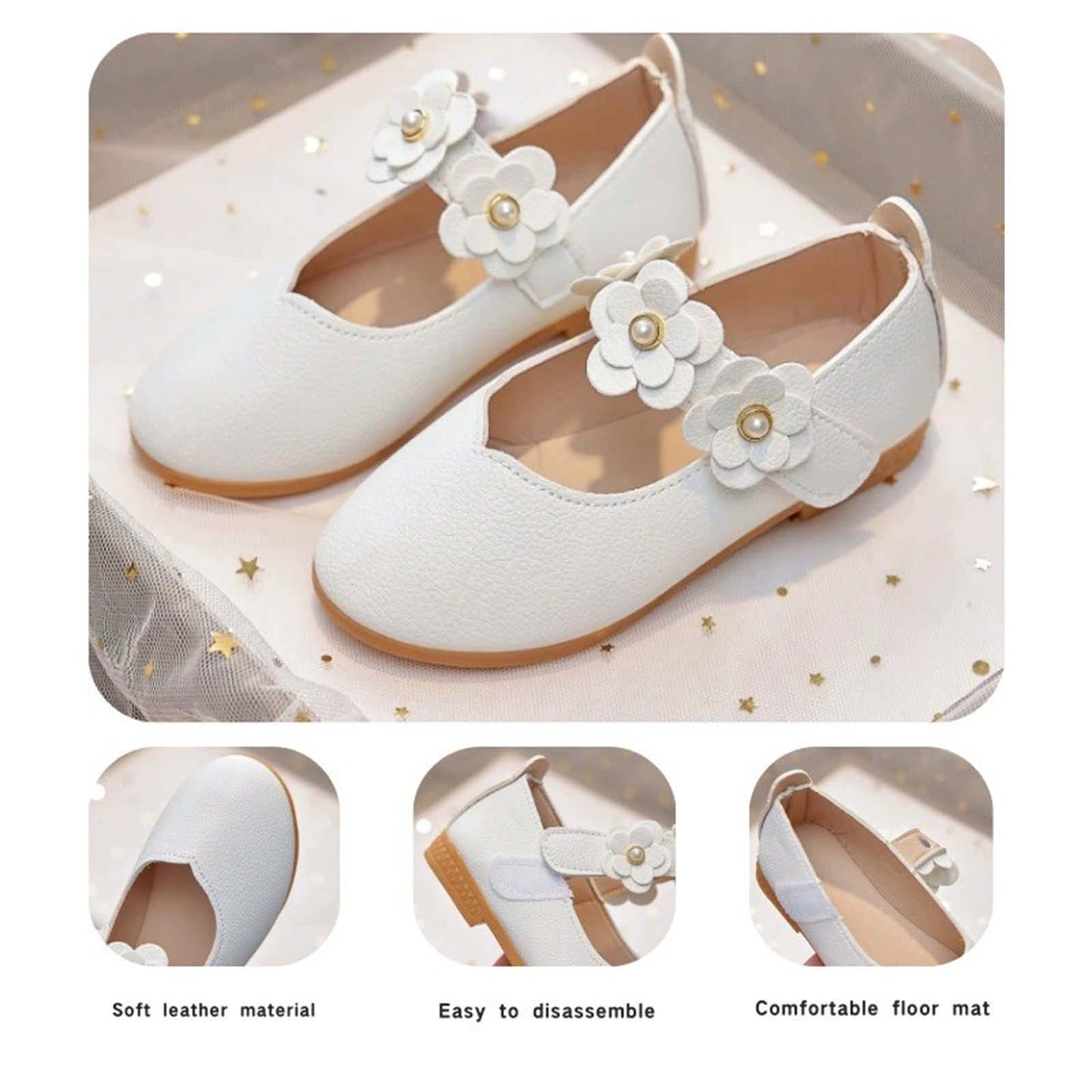 Girls Mary Jane Dress Shoes White Leather Flats with Pearl Flower Strap – Toddler/Little Kids Party Wedding Birthday Princess Shoes