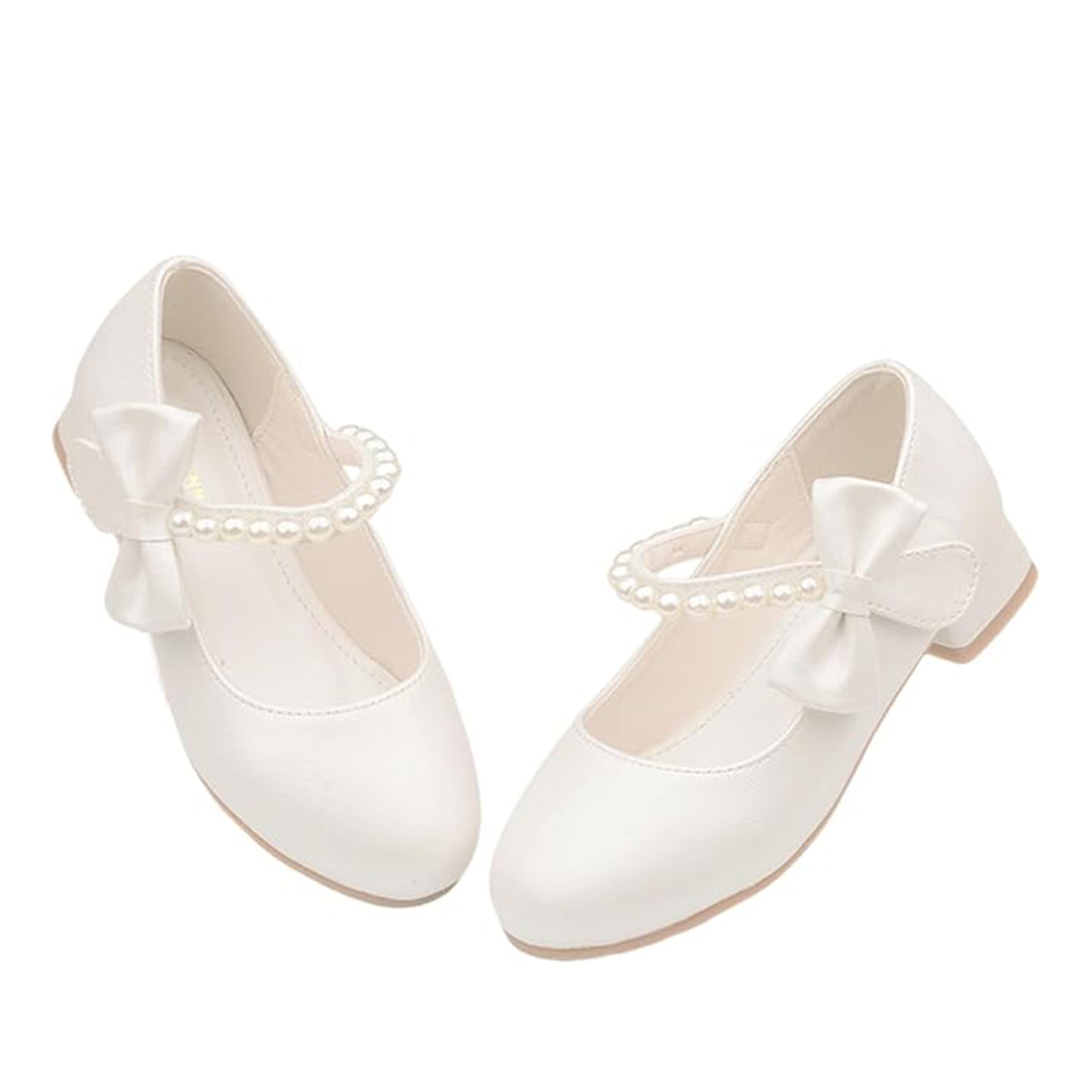 Girls Princess Mary Jane Shoes – White Pearl Strap Dress Shoes with Bow, Low Heel Party Wedding Shoes for Kids