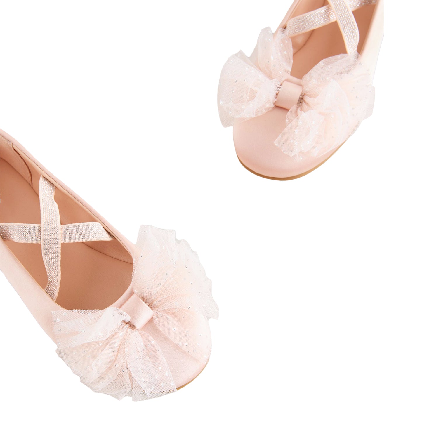 Girls Mary Jane Shoes โ Pink Suede Flats with Mesh Bow and Glitter, Cross Strap Princess Dress Shoes for Parties, Gatherings, and Daily Wear