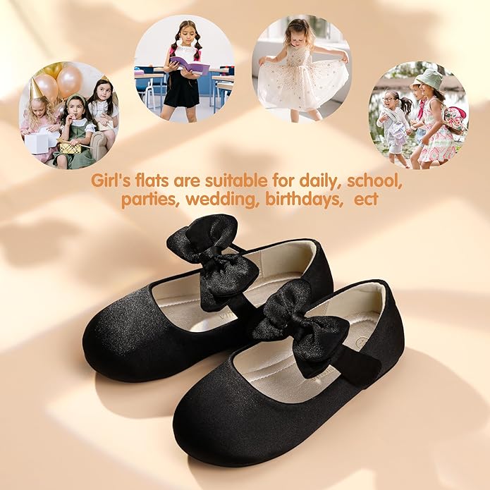 Girls Mary Jane Shoes – Black Flats with Large Bow and Strap, Cute Dress Shoes for School, Party, Daily Wear