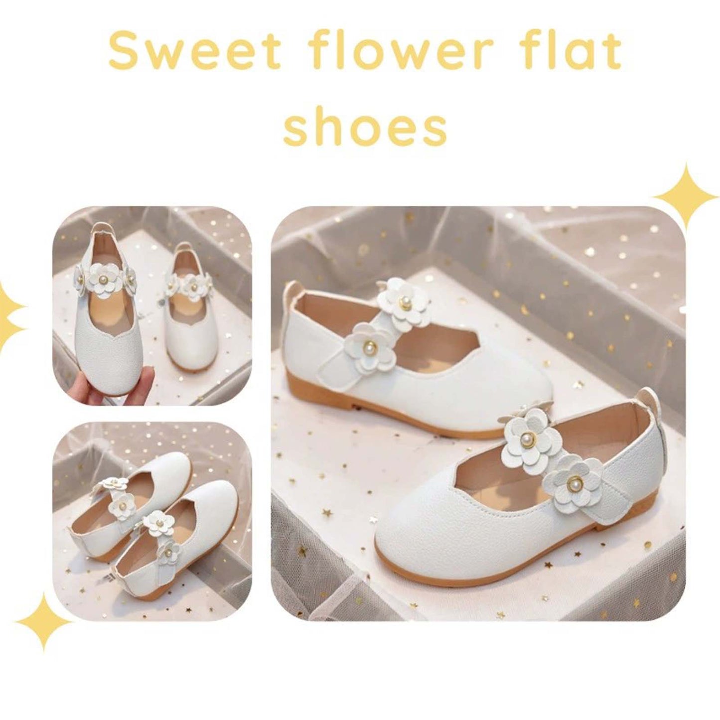 Girls Mary Jane Dress Shoes White Leather Flats with Pearl Flower Strap – Toddler/Little Kids Party Wedding Birthday Princess Shoes