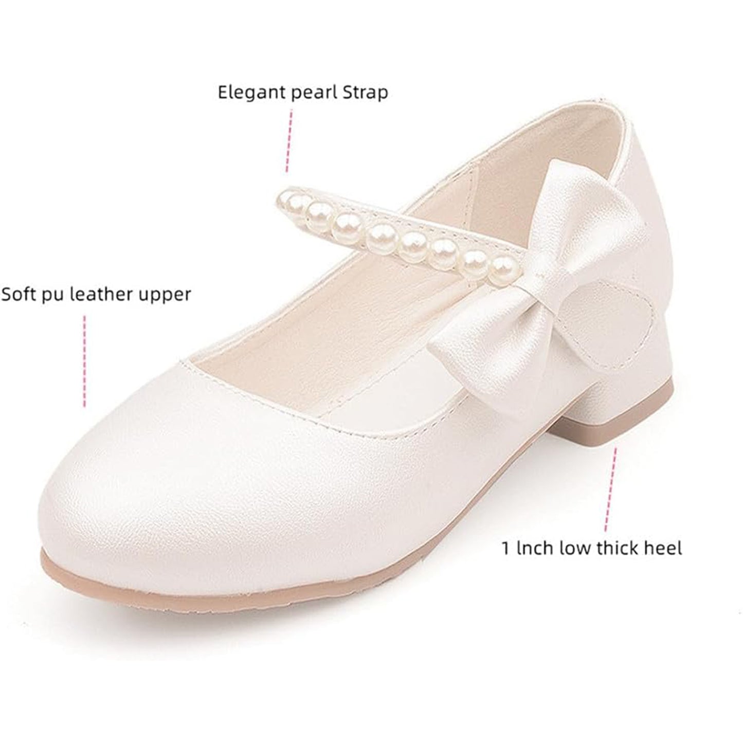 Girls Princess Mary Jane Shoes – White Pearl Strap Dress Shoes with Bow, Low Heel Party Wedding Shoes for Kids