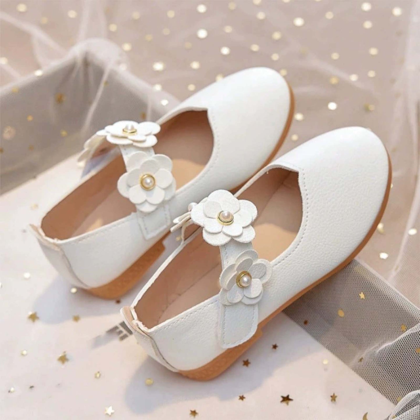 Girls Mary Jane Dress Shoes White Leather Flats with Pearl Flower Strap – Toddler/Little Kids Party Wedding Birthday Princess Shoes