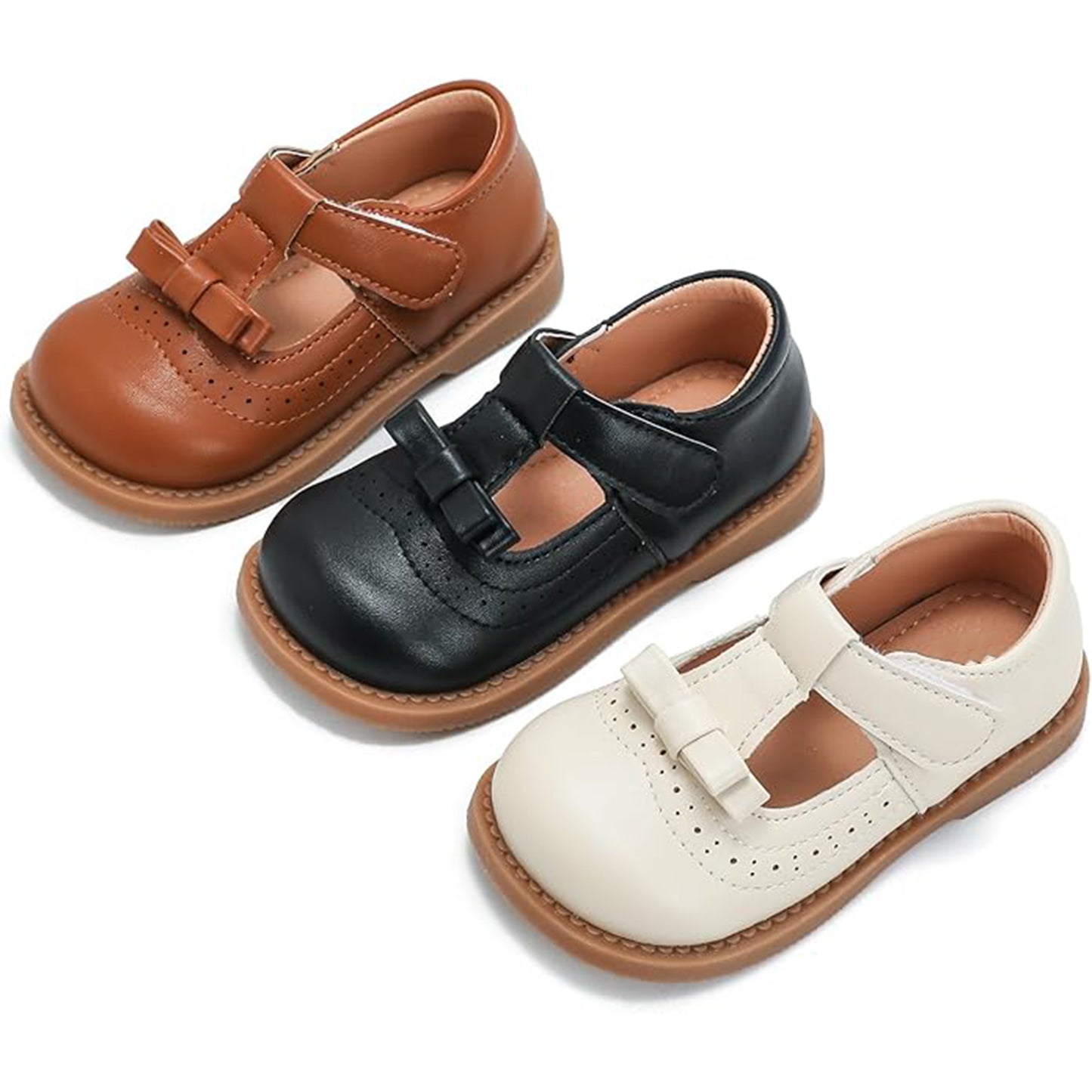 Girls Mary Jane School Shoes with T-Strap and Bow – Brown Leather Toddler/Little Kids Dress Shoes with Buckle Closure and Breathable Cutout Design