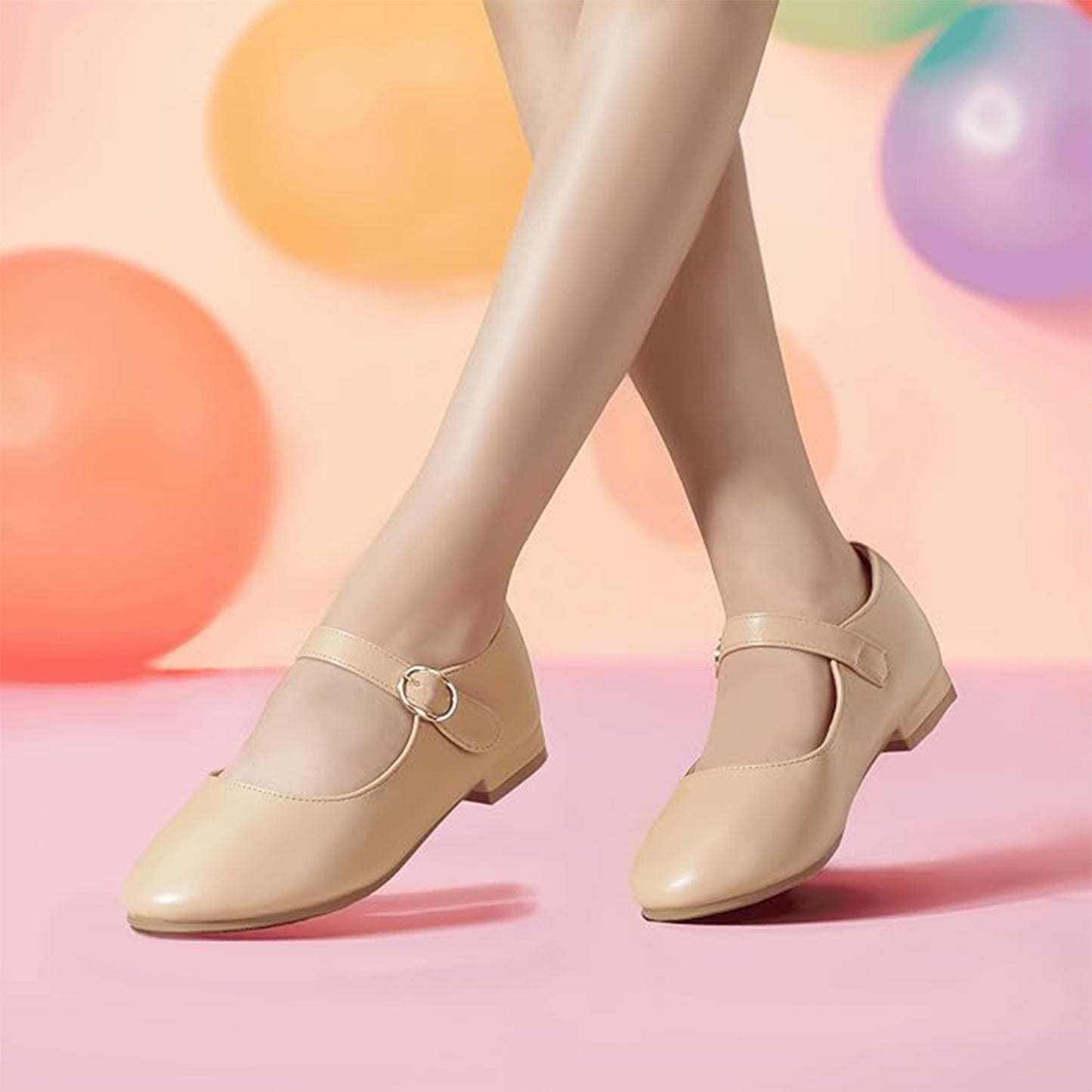 Girls Mary Jane Flats – Nude Pink Leather Dress Shoes with Adjustable Buckle Strap, Cute Daily Princess Shoes for Toddlers & Little Kids