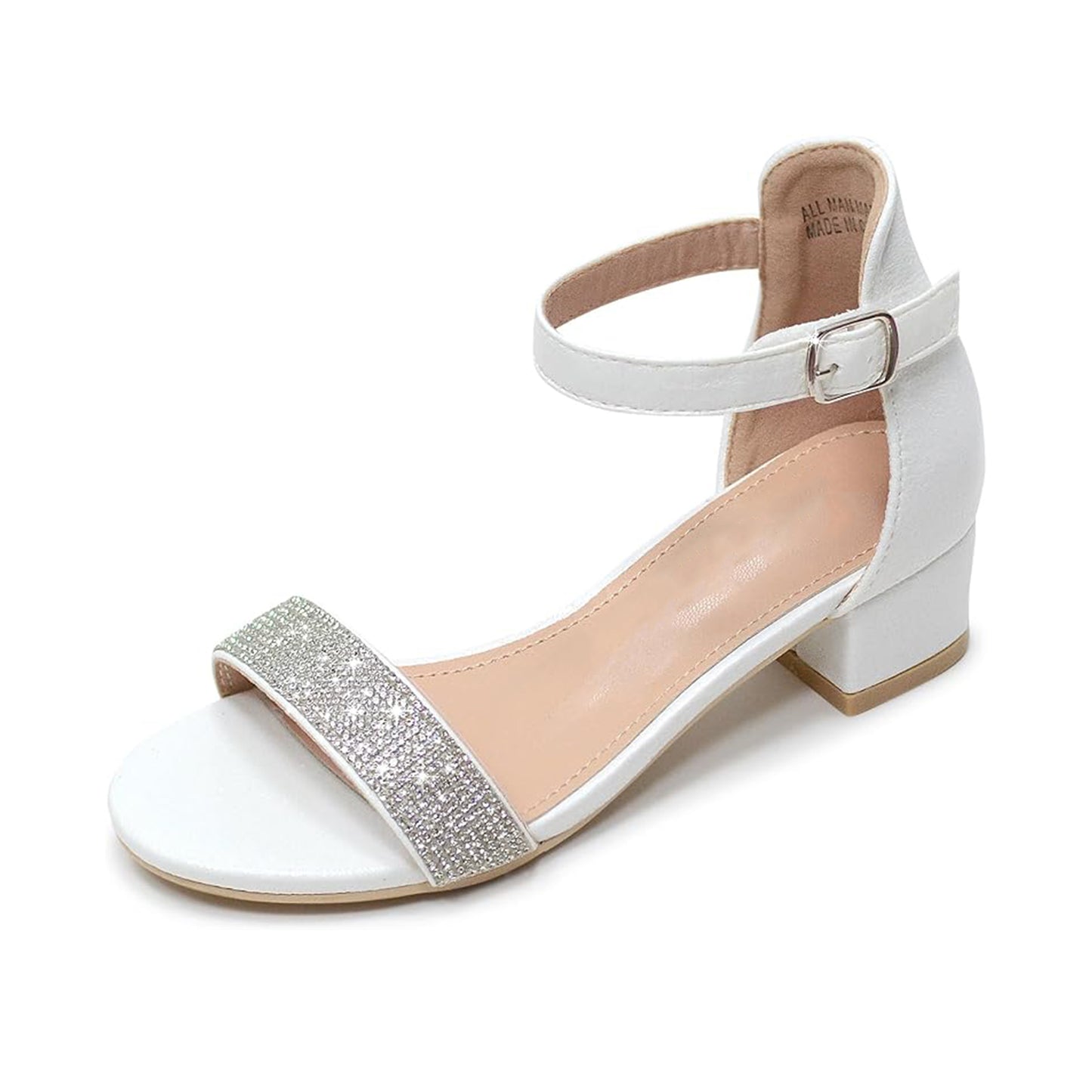 Girls White Heeled Sandals – Sparkly Rhinestone Dress Shoes with Buckle Strap, Chunky Heel Party Shoes for Weddings, Birthdays, Princess Outfits