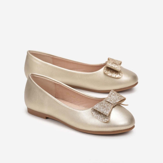 Girls Mary Jane Flats – Gold Metallic Dress Shoes with Sparkly Bow, Comfortable Party & Daily Wear Shoes for Little Girls