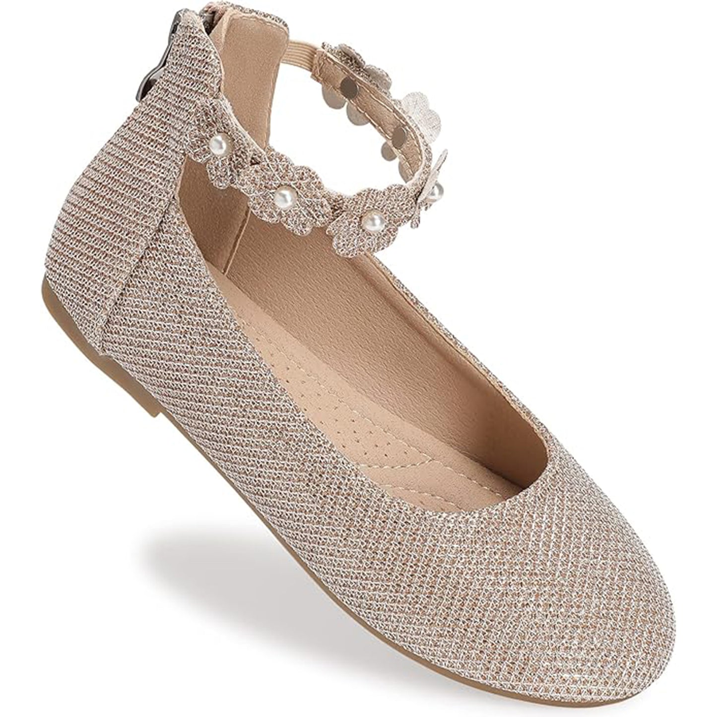 Girls Mary Jane Dress Shoes with Ankle Flower Strap and Pearls – Ivory Leather Toddler/Little Kids Party Wedding Performance Shoes