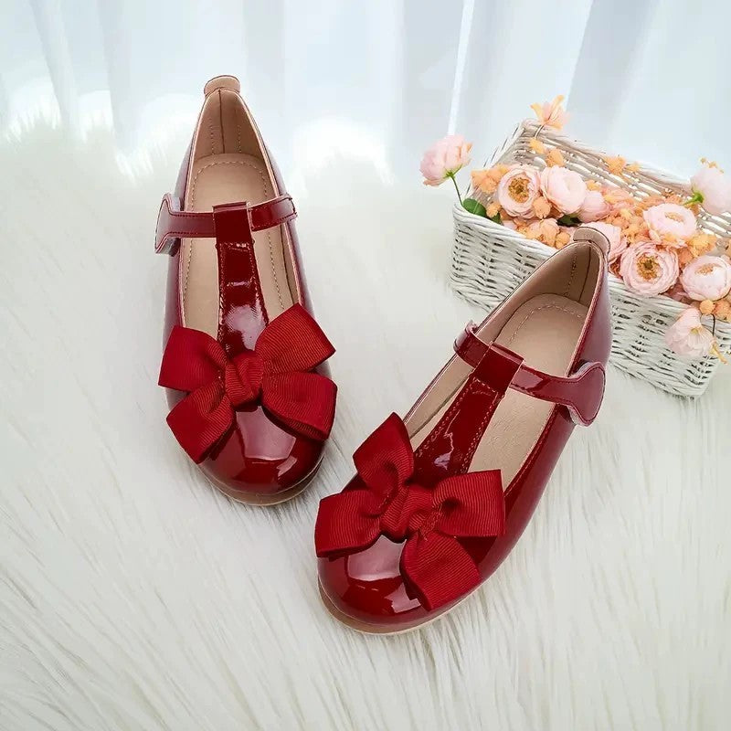 Girls Mary Jane Dress Shoes – Burgundy Patent Leather T-Strap Flats with Big Bow, Cute Princess Shoes for Toddler & Little Kids
