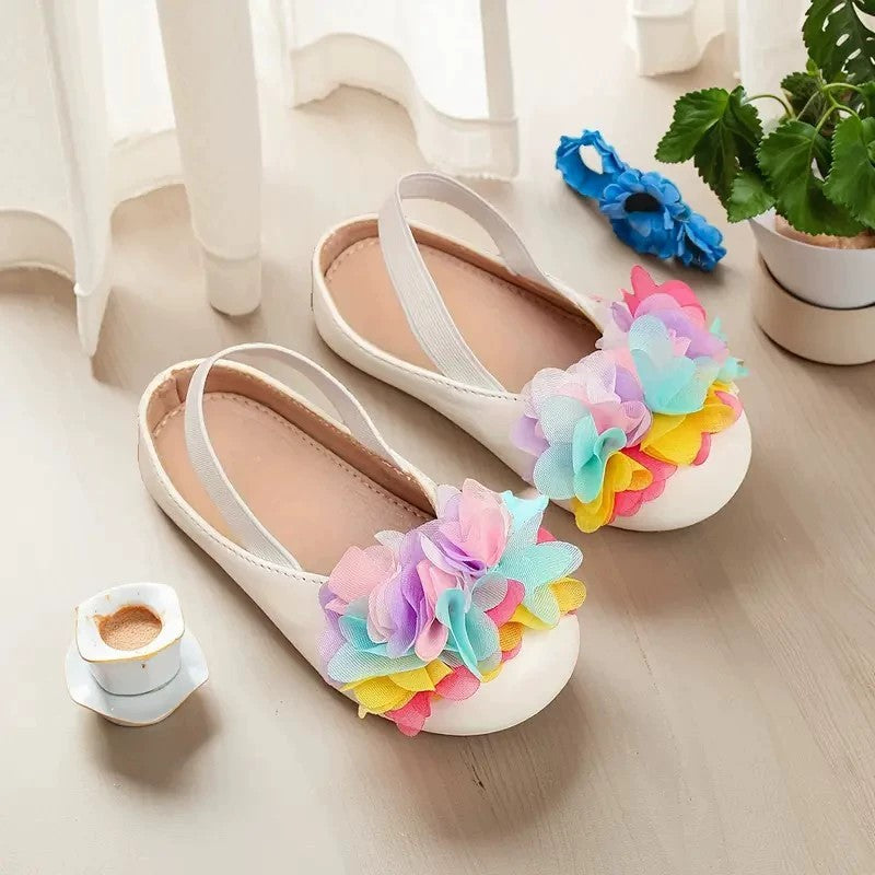 Girls Mary Jane Flats – Ivory Dress Shoes with Colorful Tulle Flower Decoration, Single Strap Princess Shoes for Toddler & Little Kids