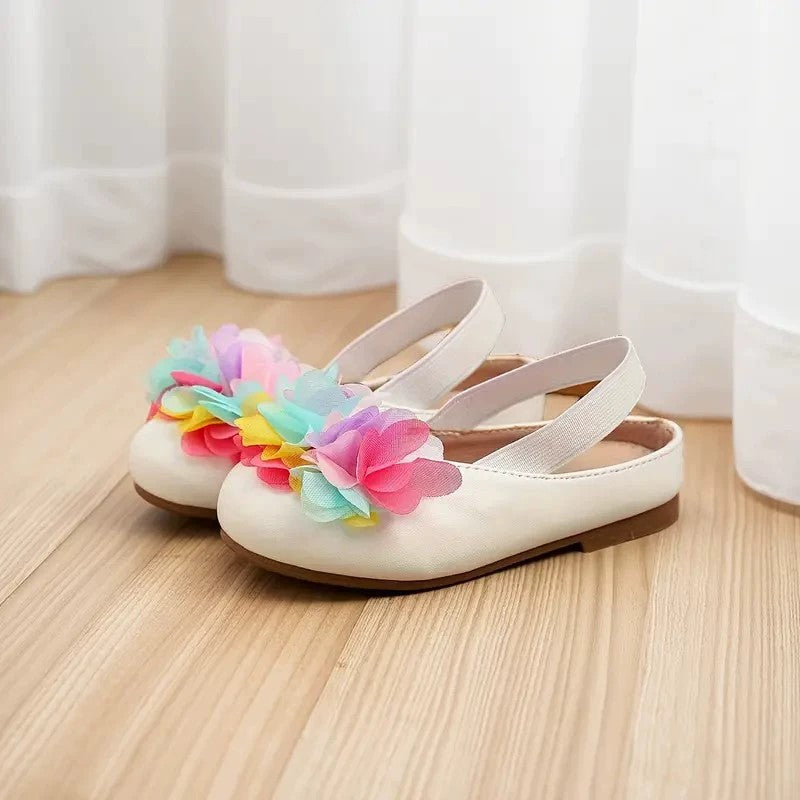 Girls Mary Jane Flats – Ivory Dress Shoes with Colorful Tulle Flower Decoration, Single Strap Princess Shoes for Toddler & Little Kids