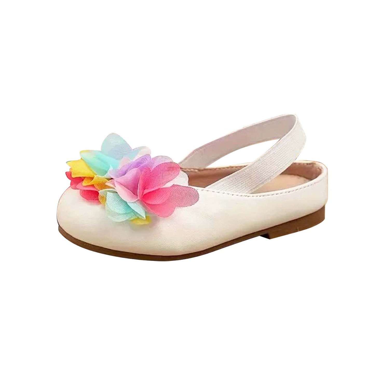 Girls Mary Jane Flats – Ivory Dress Shoes with Colorful Tulle Flower Decoration, Single Strap Princess Shoes for Toddler & Little Kids