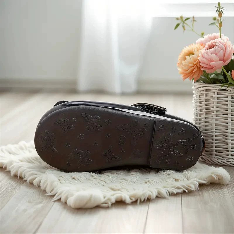 Girls Mary Jane Dress Shoes – Shiny Black Flats with Bow, Single Strap Princess Shoes for Toddler & Little Kids