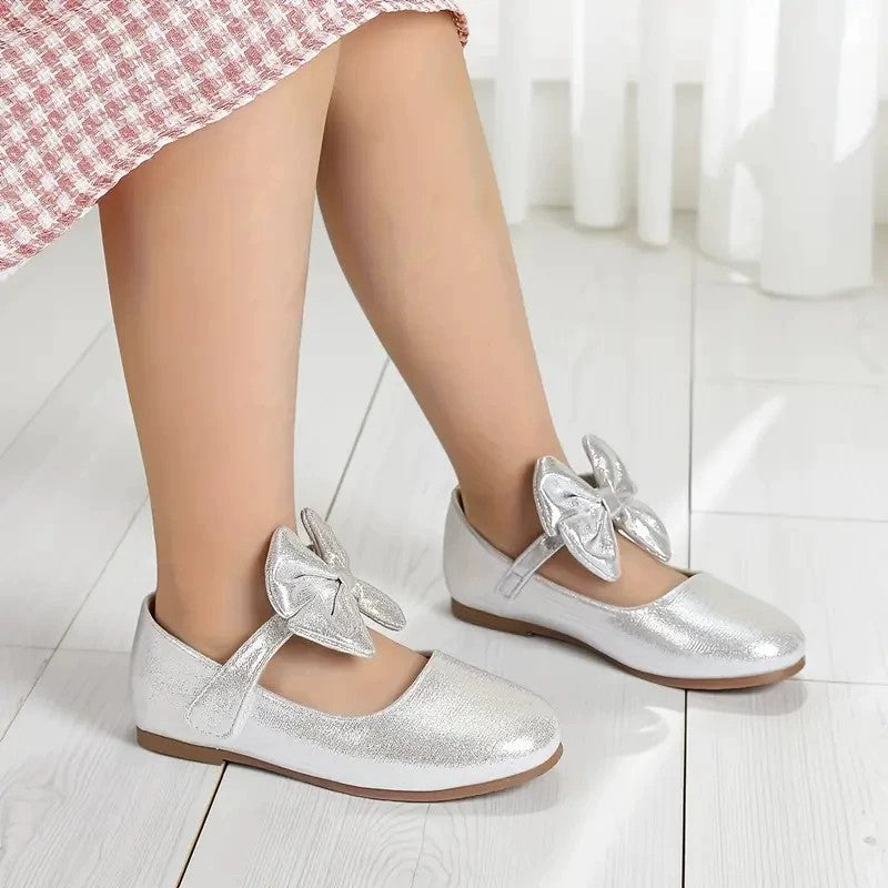 Girls Mary Jane Dress Shoes – Shiny Silver Flats with Big Bow, Single Strap Princess Shoes for Toddler & Little Kids