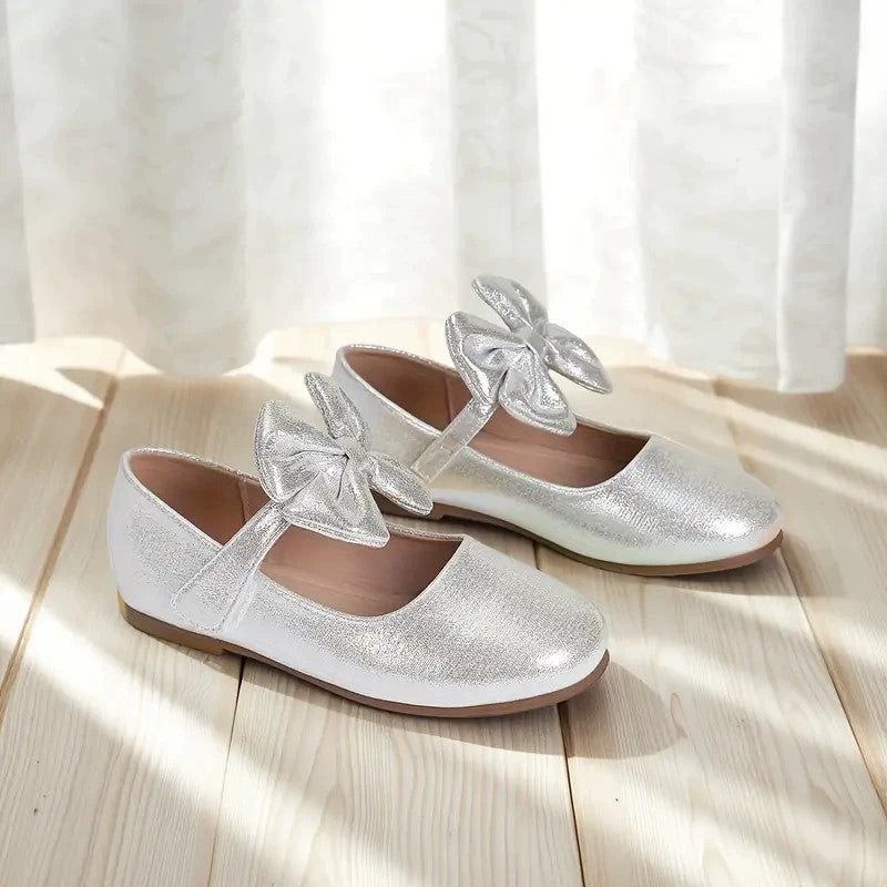 Girls Mary Jane Dress Shoes – Shiny Silver Flats with Big Bow, Single Strap Princess Shoes for Toddler & Little Kids