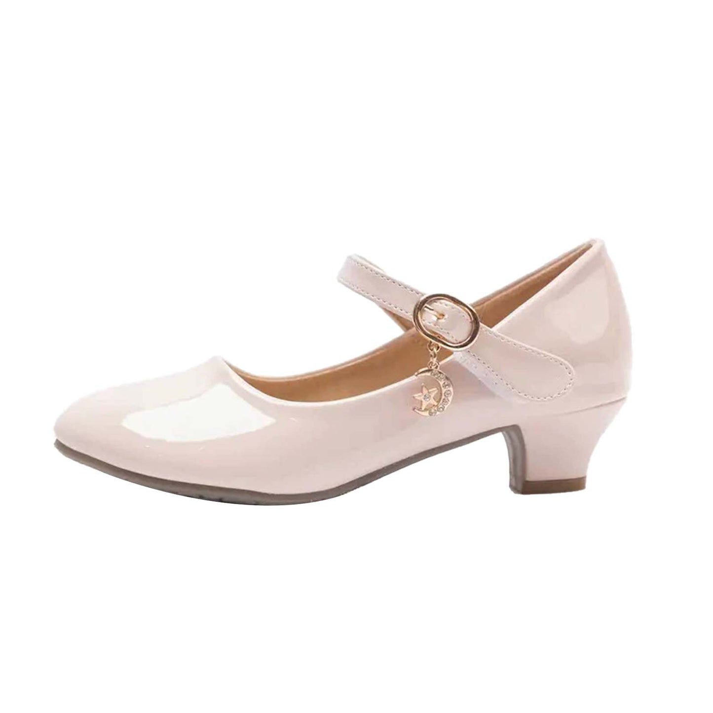 Girls Mary Jane Dress Shoes with Low Heels – Shiny Ivory White Patent Leather, Gold Star & Moon Charm, Elegant Princess Shoes for Weddings, Parties, Performances