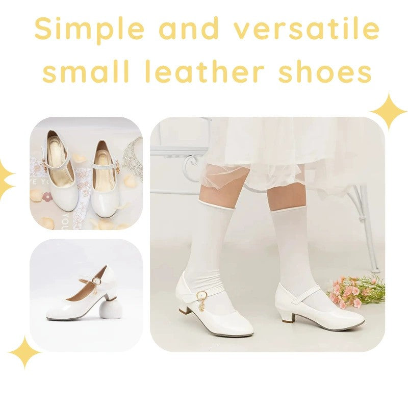 Girls Mary Jane Dress Shoes with Low Heels – Shiny Ivory White Patent Leather, Gold Star & Moon Charm, Elegant Princess Shoes for Weddings, Parties, Performances
