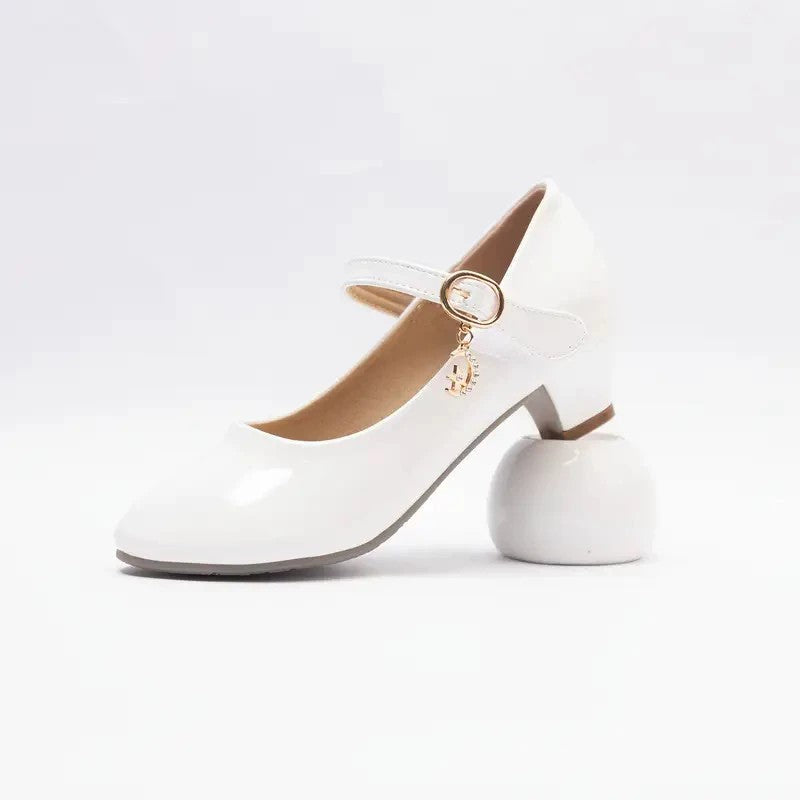 Girls Mary Jane Dress Shoes with Low Heels – Shiny Ivory White Patent Leather, Gold Star & Moon Charm, Elegant Princess Shoes for Weddings, Parties, Performances