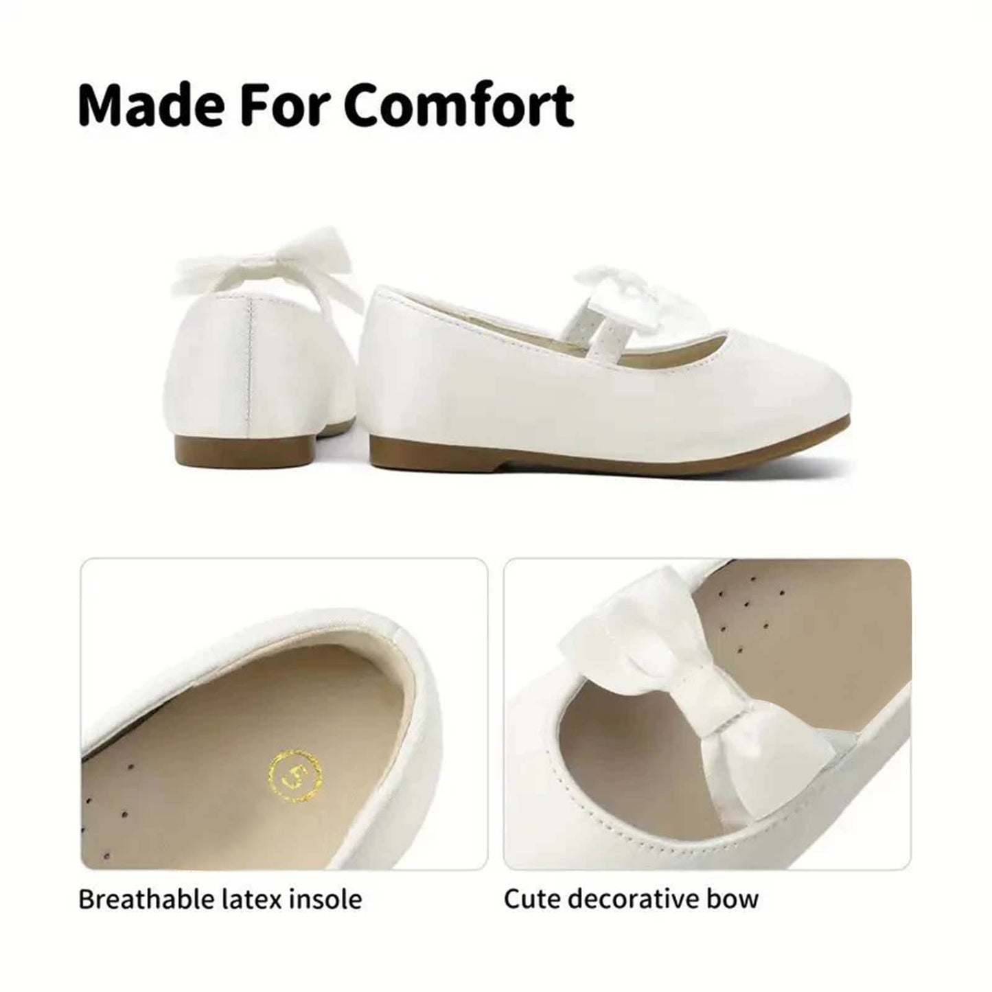 Girls Mary Jane Dress Shoes – Ivory White Leather with Bow Strap, Cute Princess Flats for Daily Wear, Parties, School, Weddings