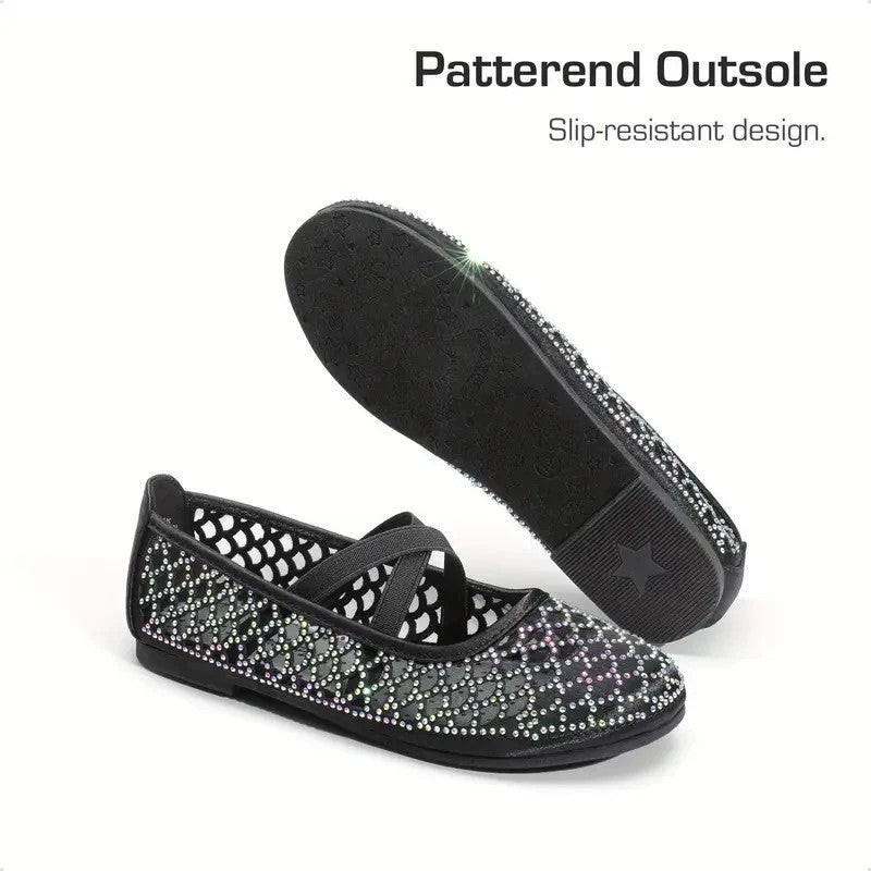 Girls Mary Jane Dress Shoes – Black Rhinestone Sparkle with Cross Strap, Princess Party Flats for Performances, Weddings, Birthdays