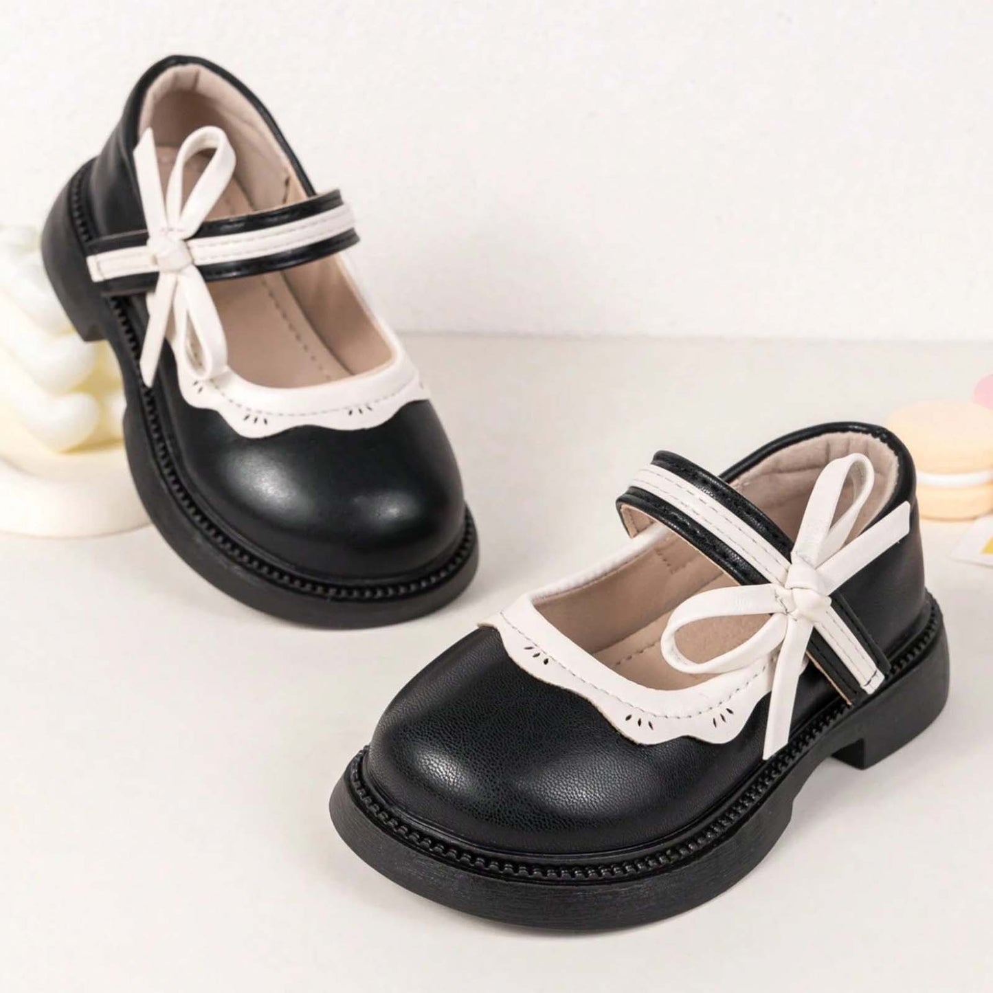 Girls Mary Jane Shoes – Black Leather Dress Flats with White Trim & Bow, Cross Strap Cute Princess Shoes for Daily Wear