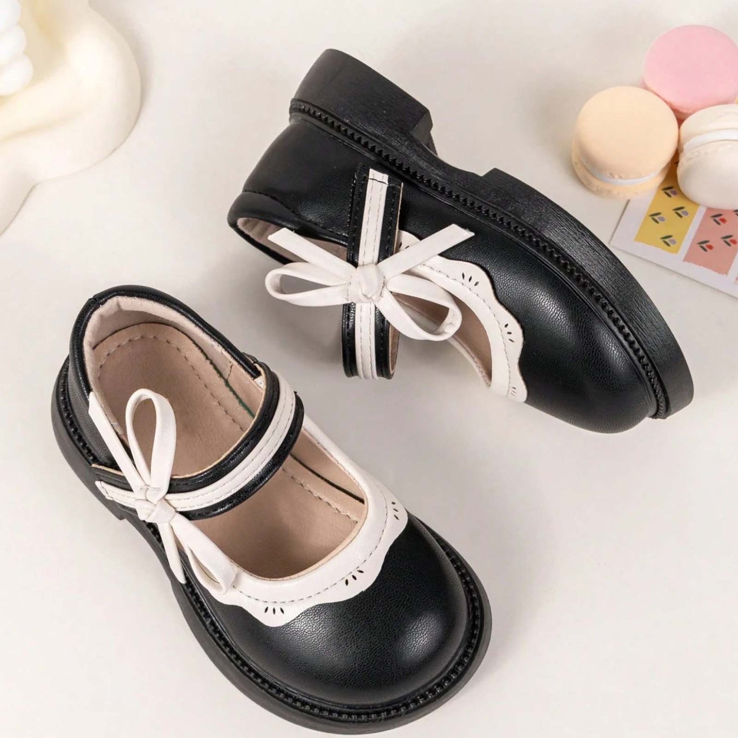 Girls Mary Jane Shoes – Black Leather Dress Flats with White Trim & Bow, Cross Strap Cute Princess Shoes for Daily Wear