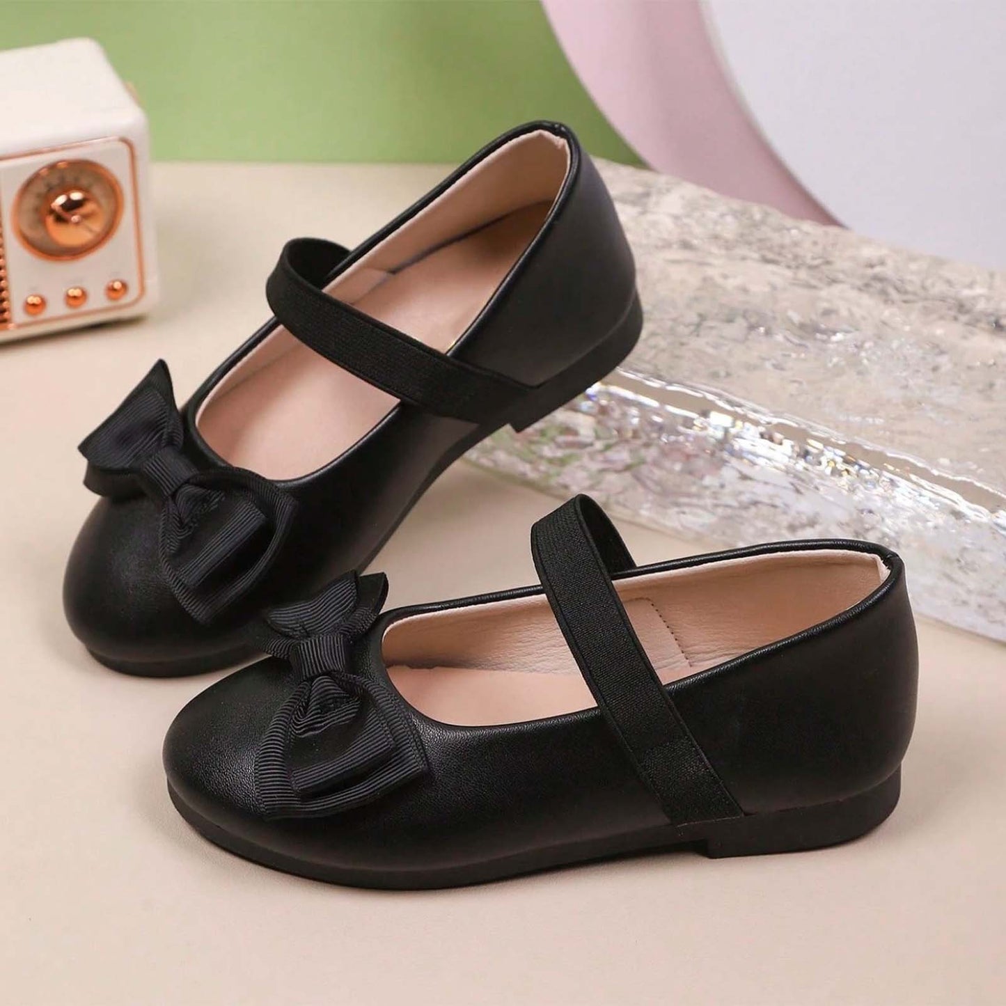 Girls Mary Jane Shoes – Black Leather Dress Flats with Bow, Single Strap Classic Princess Shoes for Daily Wear