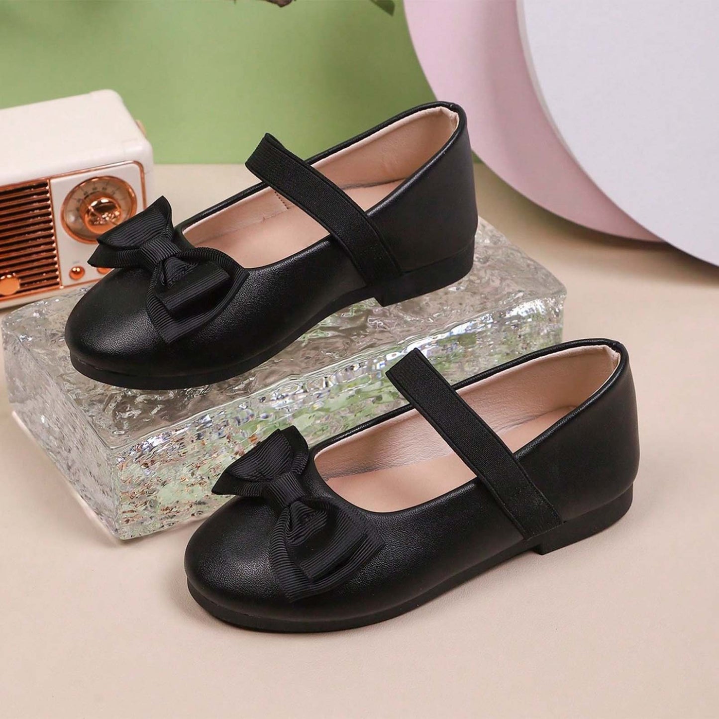 Girls Mary Jane Shoes – Black Leather Dress Flats with Bow, Single Strap Classic Princess Shoes for Daily Wear