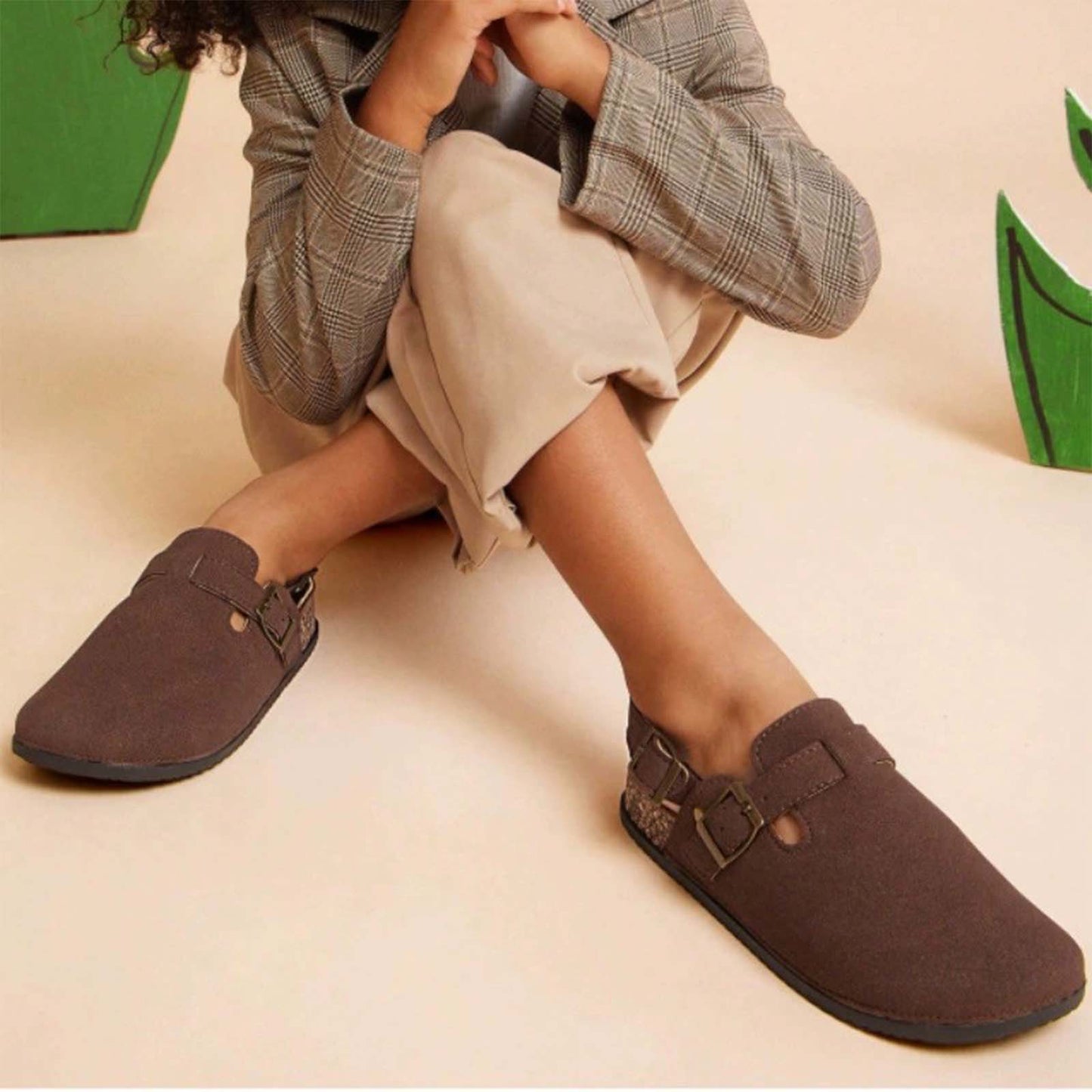 Men’s Closed Toe Birkenstock Style Sandals with Adjustable Double Buckle and Back Strap – Brown Suede Cork Footbed Casual Comfort Shoes