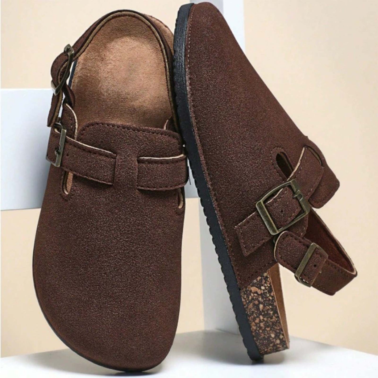 Men’s Closed Toe Birkenstock Style Sandals with Adjustable Double Buckle and Back Strap – Brown Suede Cork Footbed Casual Comfort Shoes