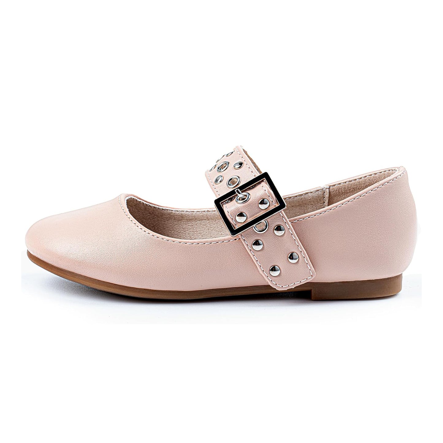 Girls Mary Jane Shoes – Pink Leather Flats with Metal Buckle & Studded Design, Cute Dress Shoes for Daily Wear, School, Party