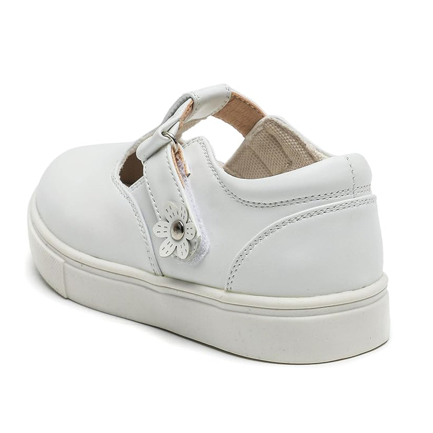 Girls White T-Strap Sneakers – Leather School Shoes with Flower Decoration, Non-Slip Rubber Sole, Casual Dress Shoes for Kids