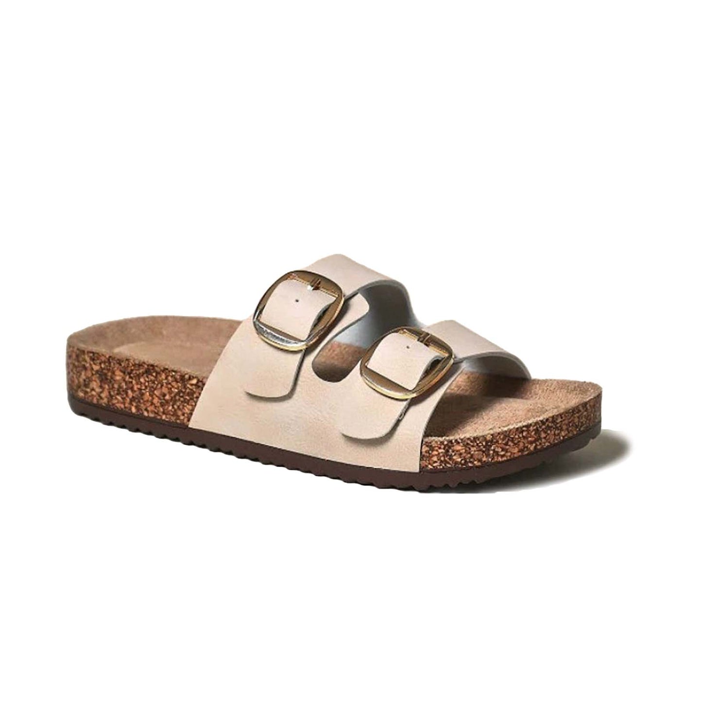 Unisex Birkenstock Style Cork Sandals Slip-On with Double Adjustable Buckle – Beige Leather Casual Comfort Slides for Everyday Wear, Walking, Vacation