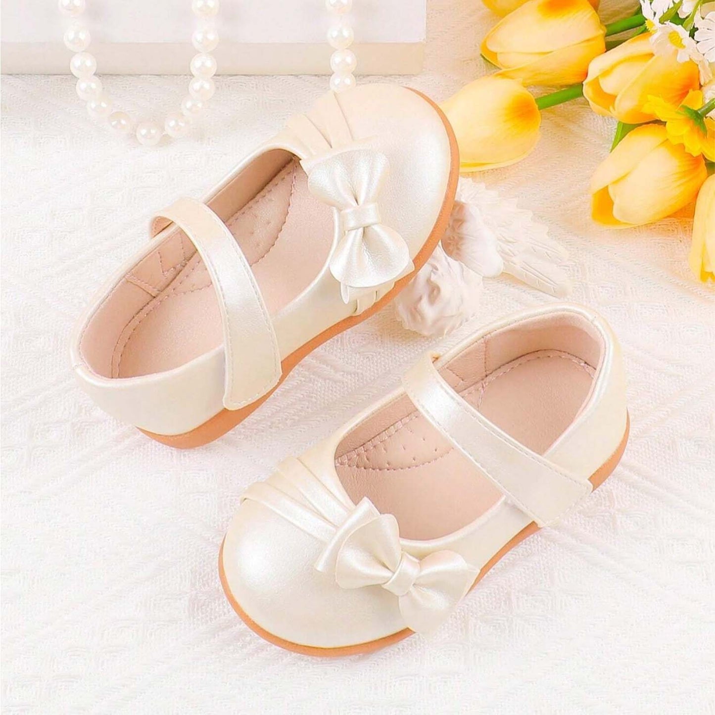 Girls Mary Jane Shoes Dress Flats – Patent Leather Look with Bow, Hook & Loop Strap, Comfortable Rubber Sole – Toddler/Little Kid/Big Kid Party & Wedding Dress Shoes