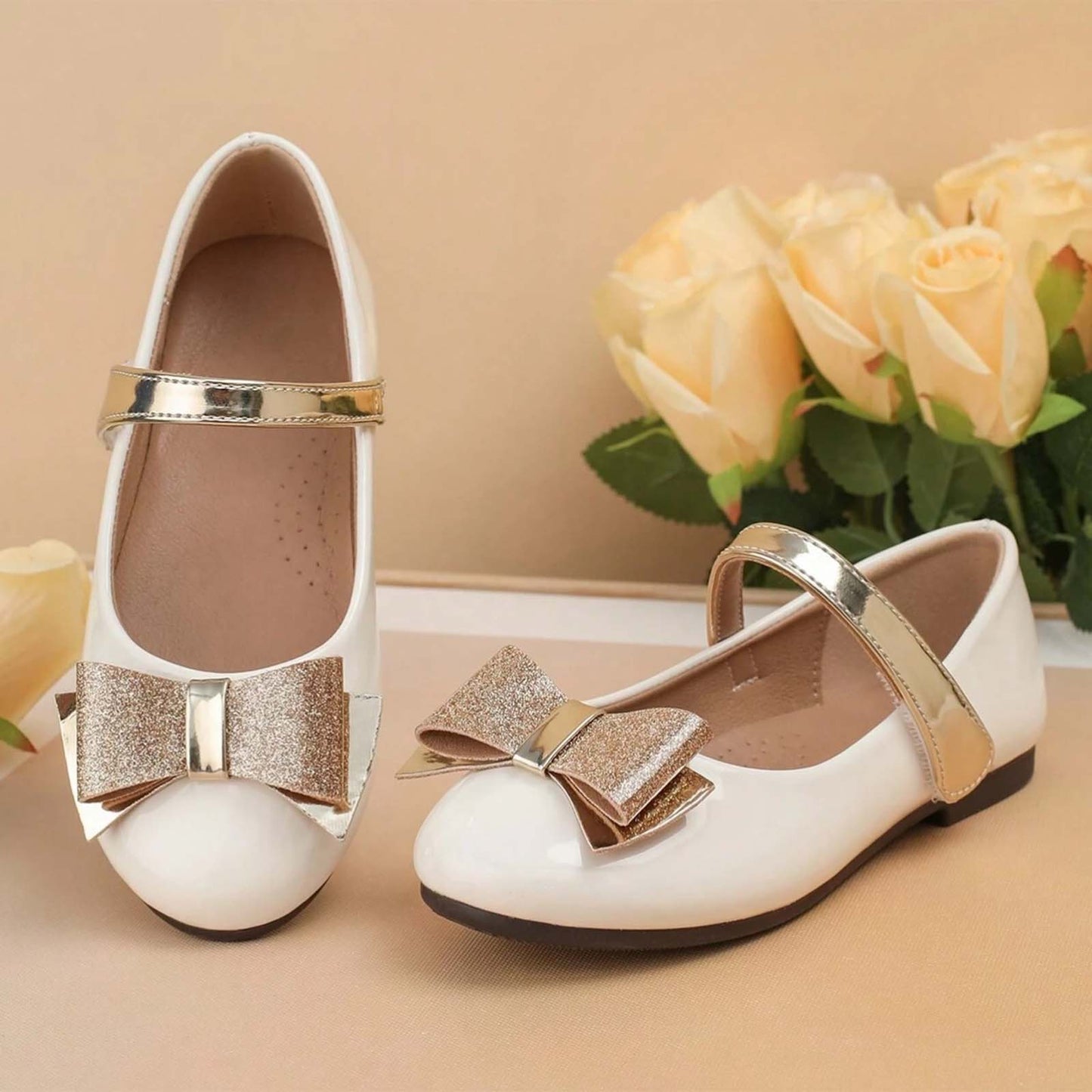 Girls Mary Jane Shoes – Beige Flats with Glitter Gold Bow & Cross Strap, Cute Dress Shoes for Daily Wear, Party, or Special Occasions