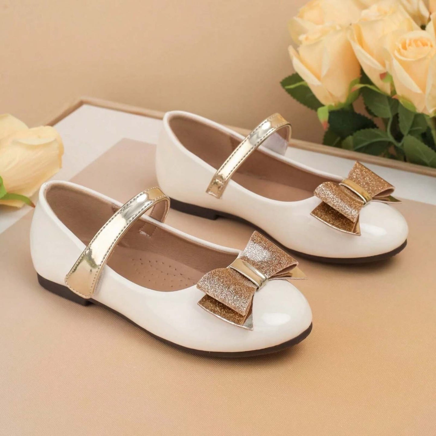 Girls Mary Jane Shoes – Beige Flats with Glitter Gold Bow & Cross Strap, Cute Dress Shoes for Daily Wear, Party, or Special Occasions