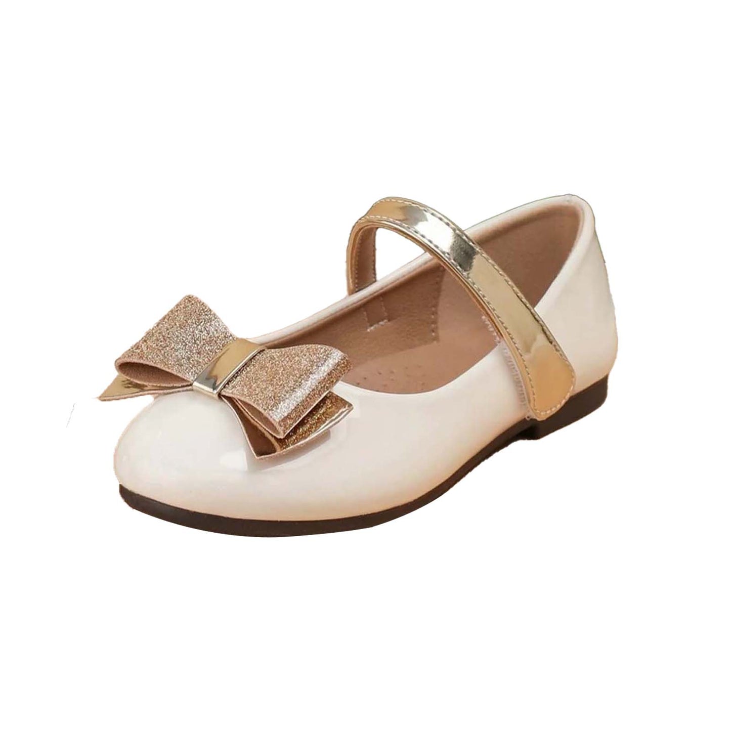 Girls Mary Jane Shoes – Beige Flats with Glitter Gold Bow & Cross Strap, Cute Dress Shoes for Daily Wear, Party, or Special Occasions