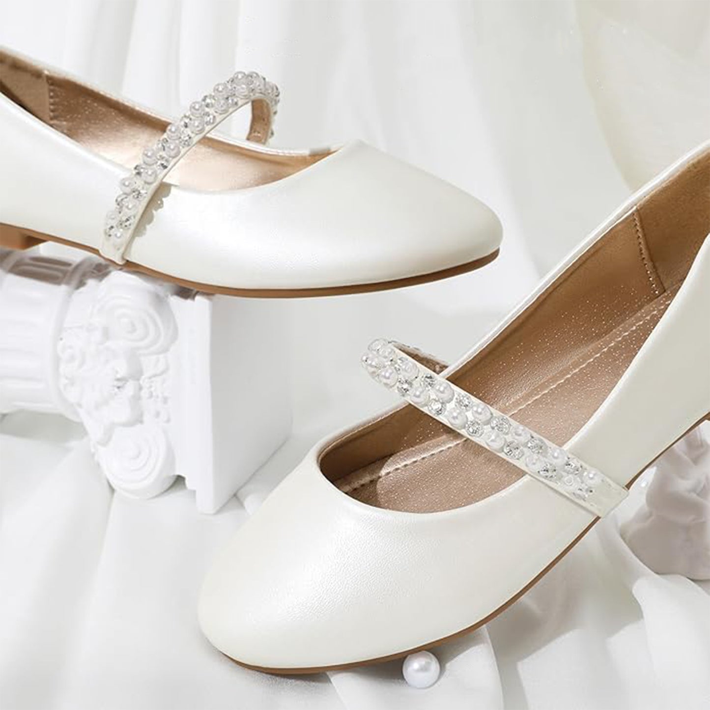 Girls Mary Jane Shoes – White Dress Flats with Pearl & Crystal Strap, Elegant Princess Shoes for Weddings, Parties, and Formal Occasions