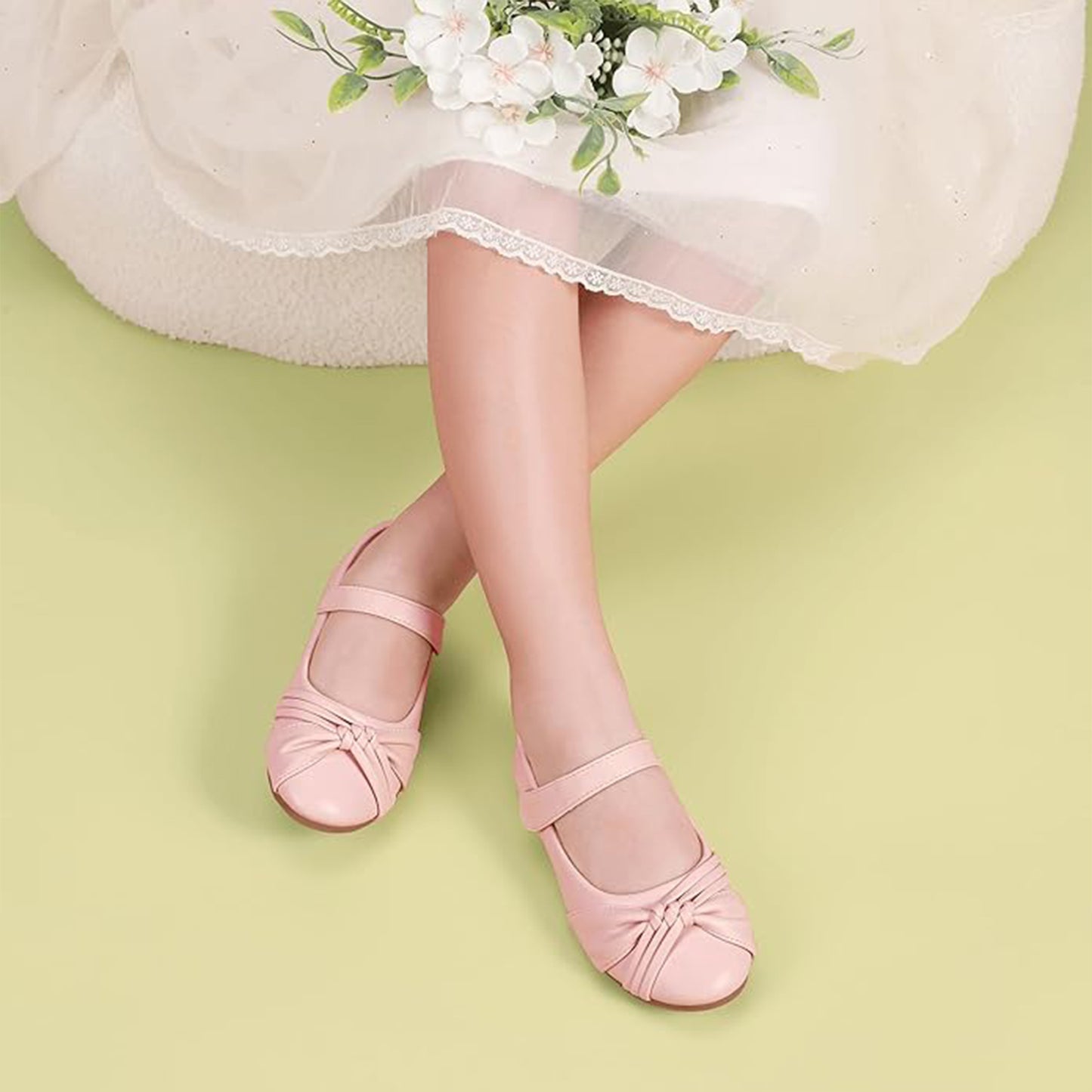 Girls Mary Jane Shoes – Pink Dress Shoes with Bow & Velcro Strap, Cute Flats for Daily Wear, Parties, and Princess Outfits