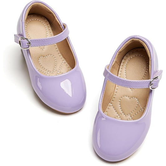 Girls Mary Jane Shoes – Light Purple Patent Leather with Silver Buckle, Cute Dress Shoes with Heart Stitch Insole for Daily Wear, Parties, and Princess Outfits
