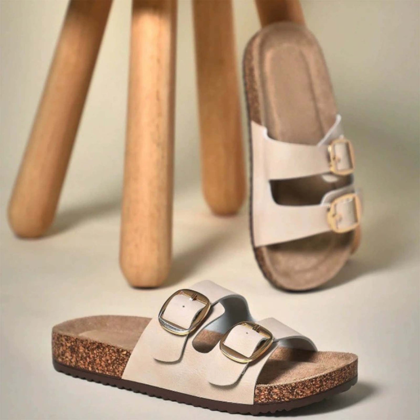 Unisex Birkenstock Style Cork Sandals Slip-On with Double Adjustable Buckle – Beige Leather Casual Comfort Slides for Everyday Wear, Walking, Vacation